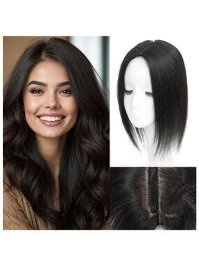 14" Natural Black Real Human Hair Topper, Clip-In 360° 3D Upgrade Middle Part